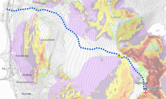 KAST PÅ STORGALTEN: Slik ser fjellet på hovedbildet i denne artikkelen ut i kartet med KAST integrert.
