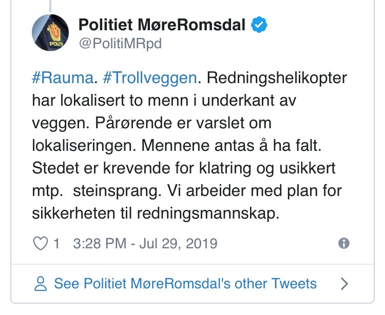 Skjermdump av politiets melding på Twitter.