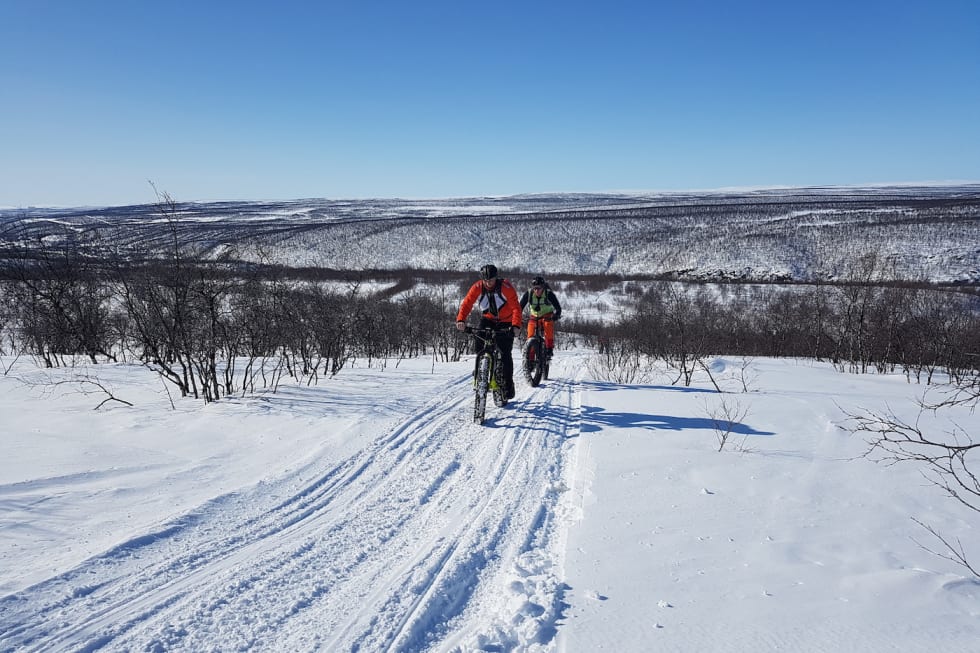 Stig R Nilsen og Lars Harald Blomkvist på tur opp på fjellet fra Masi, mot Ragesvuopmi. Med gode, harde løyper var det syklebart selv om det var mye motbakke. Foto: Ulf Helge Johansen Smalere spor - På tur opp på fjellet fra Masi, mot Ragesvuopmi Nydelig vær god harde løyper - syklebart selv om mye motstininger På bildet Stig R Nilsen og Lars Harald Blomkvist Foto Ulf Helge Johansen 1400x933