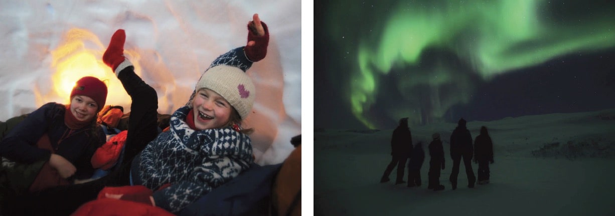 INNE: Hula er innflyttingsklar – og stemningen er god! UTE: Magisk når nordlyset danser over himmelen. Alle foto: Lars H. Krempig