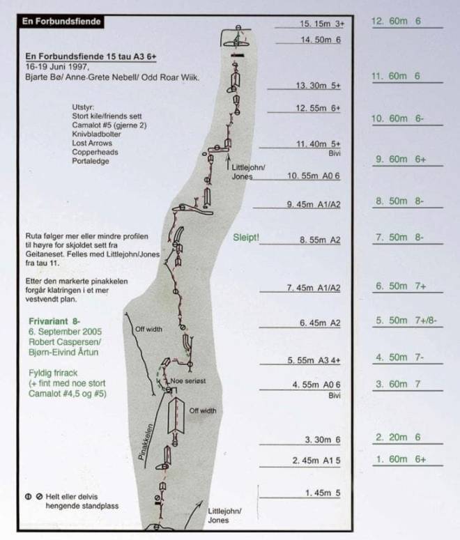 EN FORBUNDSFIENDE: Denne topoen sto på trykk i Klatring nr 72. Der er teknisk grad oppgitt og frigraden. 198268703_488995502156483_3216242093163310674_n