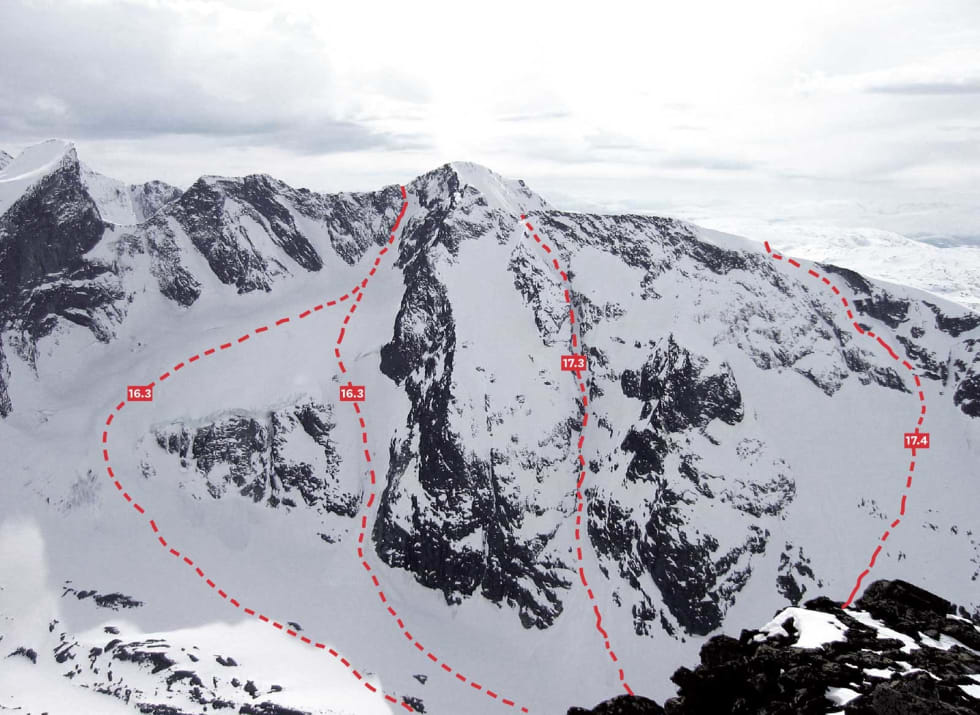 SVÆRT KREVENDE: Ruta hvor ulykken skjedde er merket 17.3. Bilde fra boka Toppturar i Sogn. Foto: Bjørnar Bjørhusdal