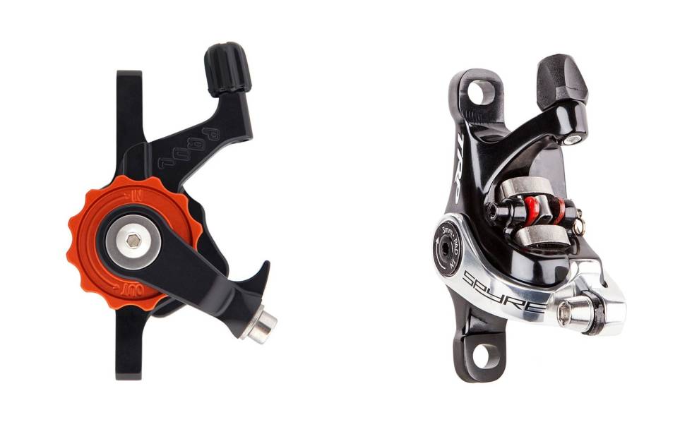 ENKEL OG AVANSERT: Mekaniske skivebremser fra Paul Components (t.v) og TRP Spyre. Gode modeller begge to. paul components skivebrems