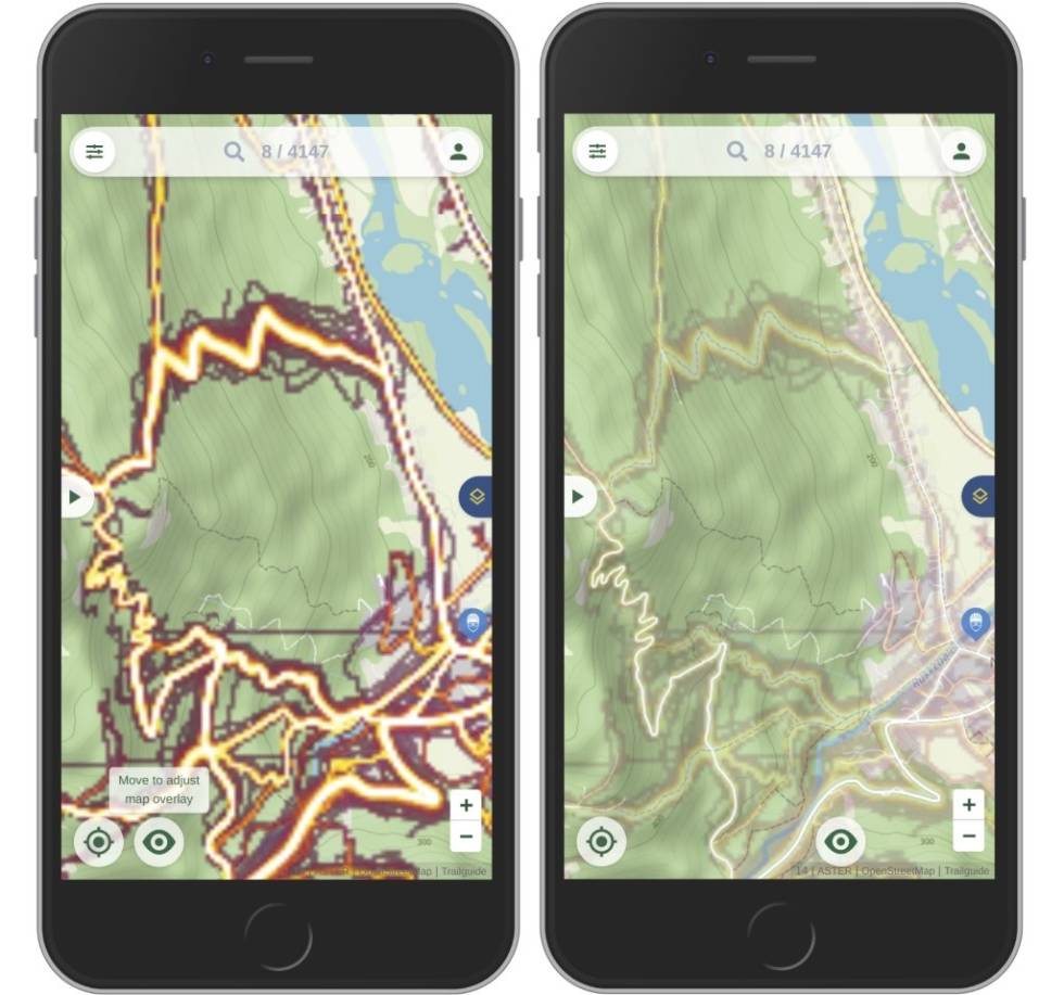 HEATMAP: Kartfunksjonen i Trailguide har mulighet for å legge på ulike map-overlayd, blant annet MTBMAP og Strava heatmap. Foto. Trailguide Strava heatmap