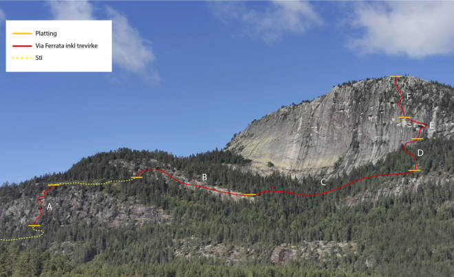 PLAN: Slik er via ferrataen på Andersnatten planlagt. Foto: Sigdal aktiv via ferrata Andersnatten