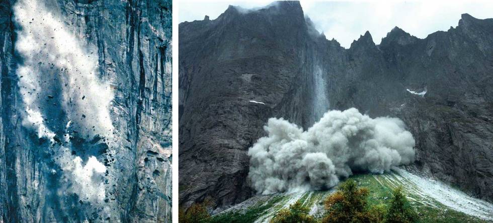 RASET I -98: Fotograf Harald Sæterøy var på plass med kameraet da det store raset i Trollveggen gikk i 1998, og foreviget øyeblikket. Dette forteller han selv: «Jeg visste jo at det hadde rast dagen før, så jeg «forlangte» å få dra innover før morgenmøtet. På vei innover, 500 m før jeg var framme, gikk det et nytt ras - ikke så stort, men jeg skjønte jo at fjellet og «Svenskeruta» fortsatt rørte på seg. Venta en stund og så begynte det å skje noe. Jeg satt på 500 mm telelinse på kameraet for å ta bilde at mye av klatreruta var borte. DA smalt det og resten er historie. Umulig å si hvor stor den største steinblokka er, men en hobbygeolog har anslått den til «18 store trailerlass». Forresten, lyden av raset sitter i ennå!» Anne-Grete-Nebell-Berit-Skjevling-9