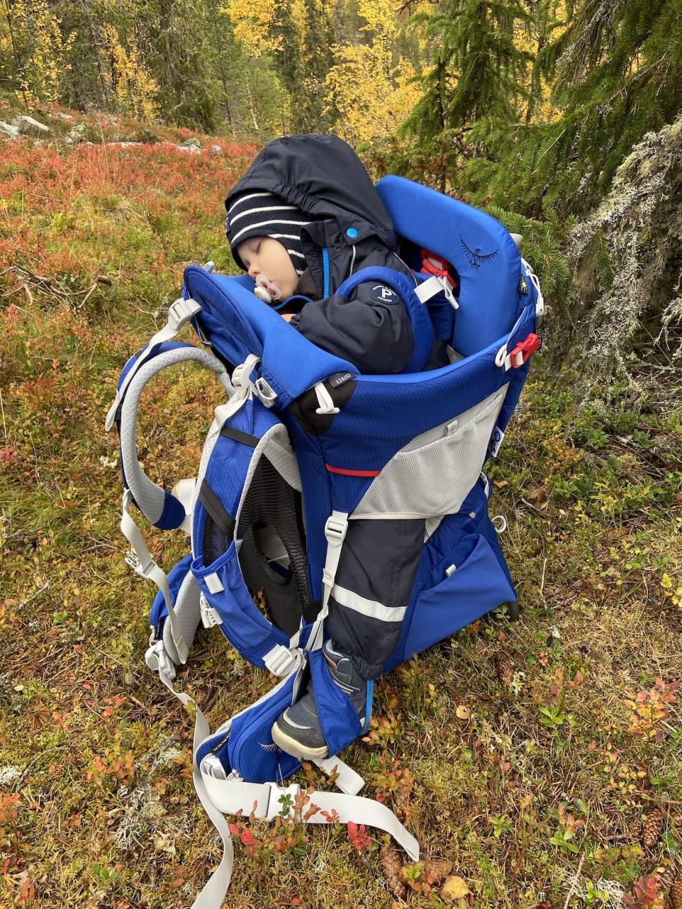 HVILETUR: En liten blund. Noen bæremeiser kan stå av seg selv, men i ulendt terreng og barn i bevegelse må man være obs på at de kan bikke. Foto: Nina Volstad bæremeis soving