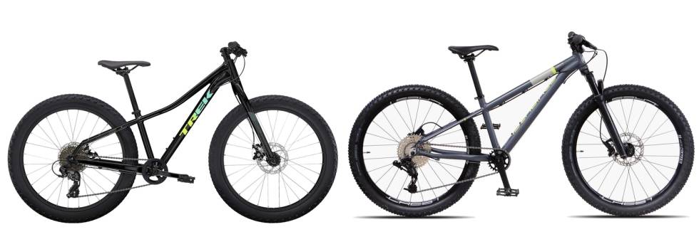 LAV NOK: Både Trek Roscoe (til venstre) og Islabikes Creig har lav overrørshøyde, men det er løst på forskjellige måter. Trek Roscoe har et bøyd/formet overrør, mens Islabikes har et rett overrør. barnesykkel størrelse tips
