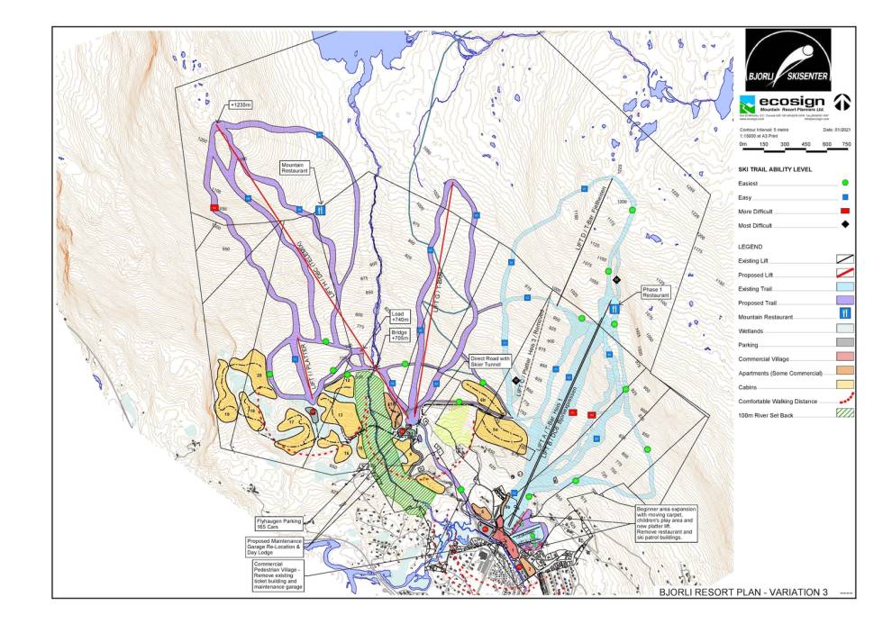 STORE PLANER: Det vil bli bygd flere heistraseer og nye heiser, som vil tilgjengeliggjøre Bjorlitoppen. Bjorli Resort Plan - Variation 3.2 13.01.2021-page-001
