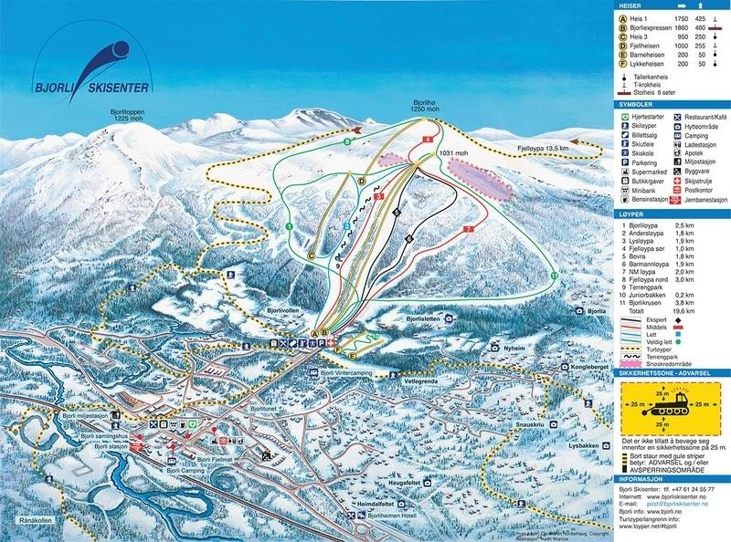 Relativt få heiser ifht nedfarter, men mye boltreplass for frikjøring på Bjorli løypekart bjorli skisenter guide fri flyt