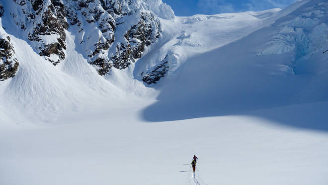 FINE FORHOLD: På vei innover Blåisen onsdag. Foto: Jøran Dahlhaug snøskred Lyngen Jiehkkevárri