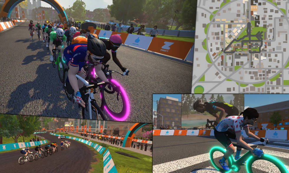 GATERITT: Finalen består av en ramptest og deretter gateritt i Zwifts Crit City løype. Illustrasjon: ZwiftInsider Crit City i Zwift