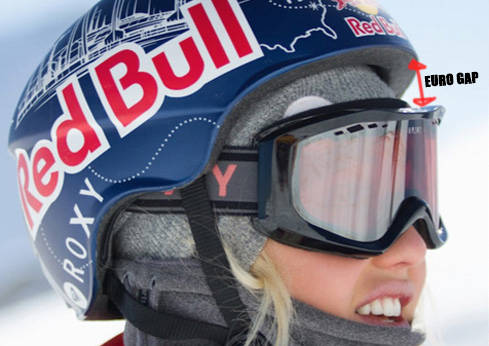 EUROGAP: Selv proffene kan bomme. Ideelt sett skal det ikke være noen glippe mellom hjelm og brille. Eurogap goggles helmet