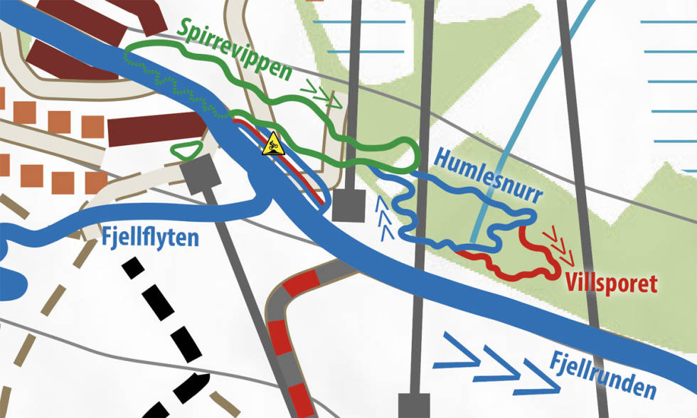 De nye rutene, og hopplinjene merket med gul trekant. Kart over fageråsens nye ruter