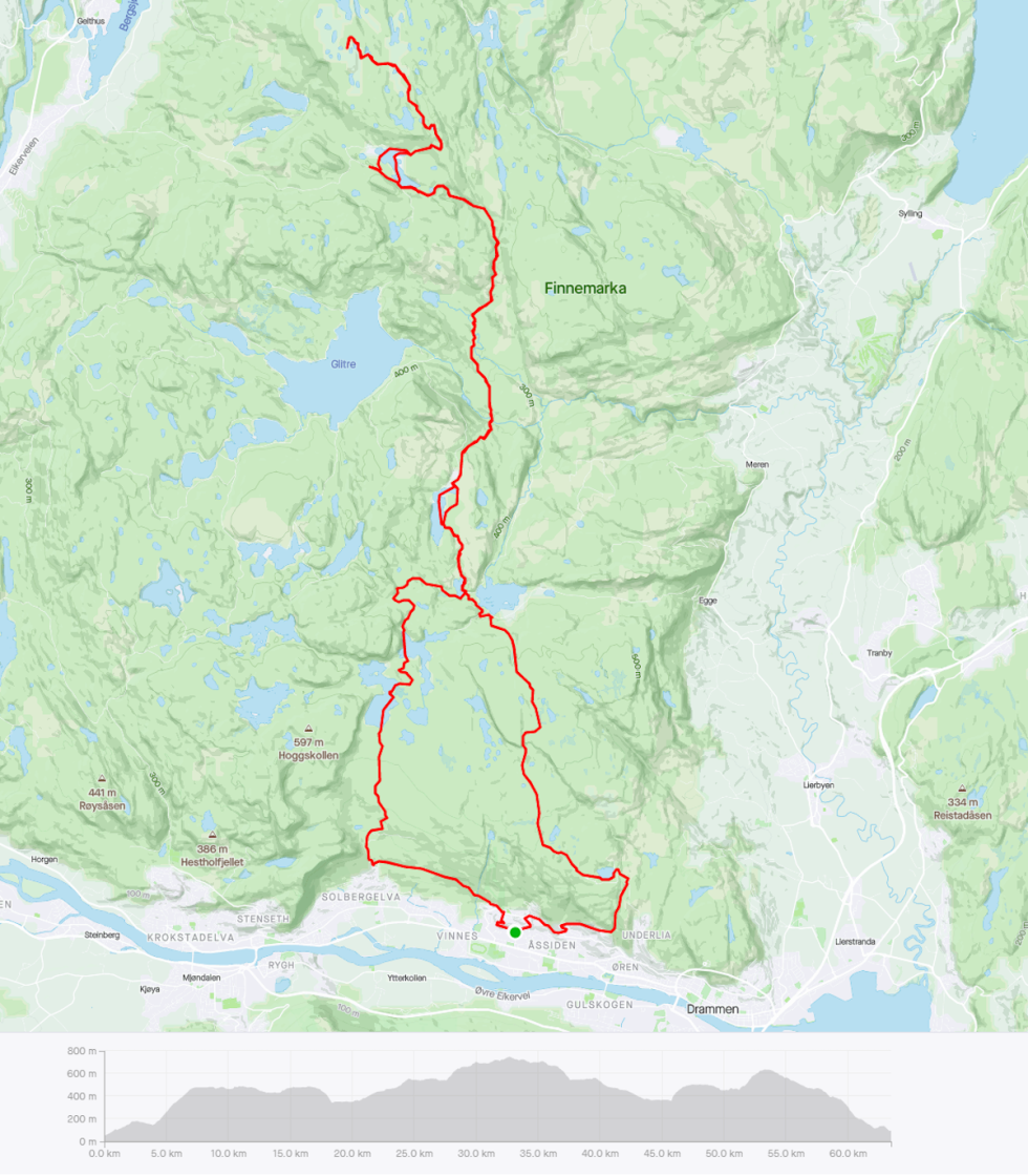 FRA SØR TIL NORD: Magnus Lindaas og kompisen logget 63 kilometer og 1300 høydemeter på lørdagens tur på fatbike gjennom Finnemarka fra sør til nord. Fatbike gjennom Finnemarka