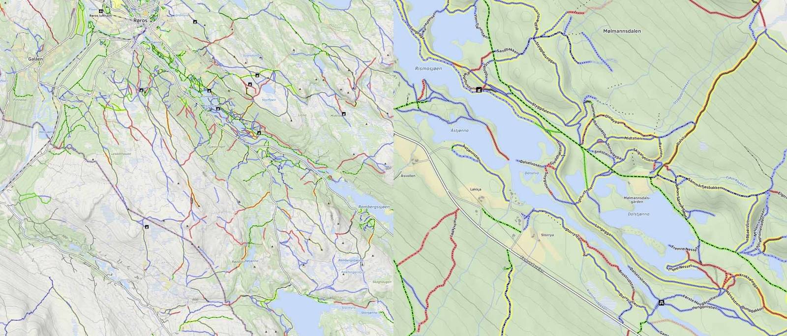 DETALJER: Røros er bare et av mange områder i Norge som er flittig kartlagt på mtbmap.no. Her får du både oversikt, og kan se ned på enkeltstier som har fått tildelt navn og vanskelighetsgrad. Foto:Skjermdump mtbmap.no finne sykkelsti
