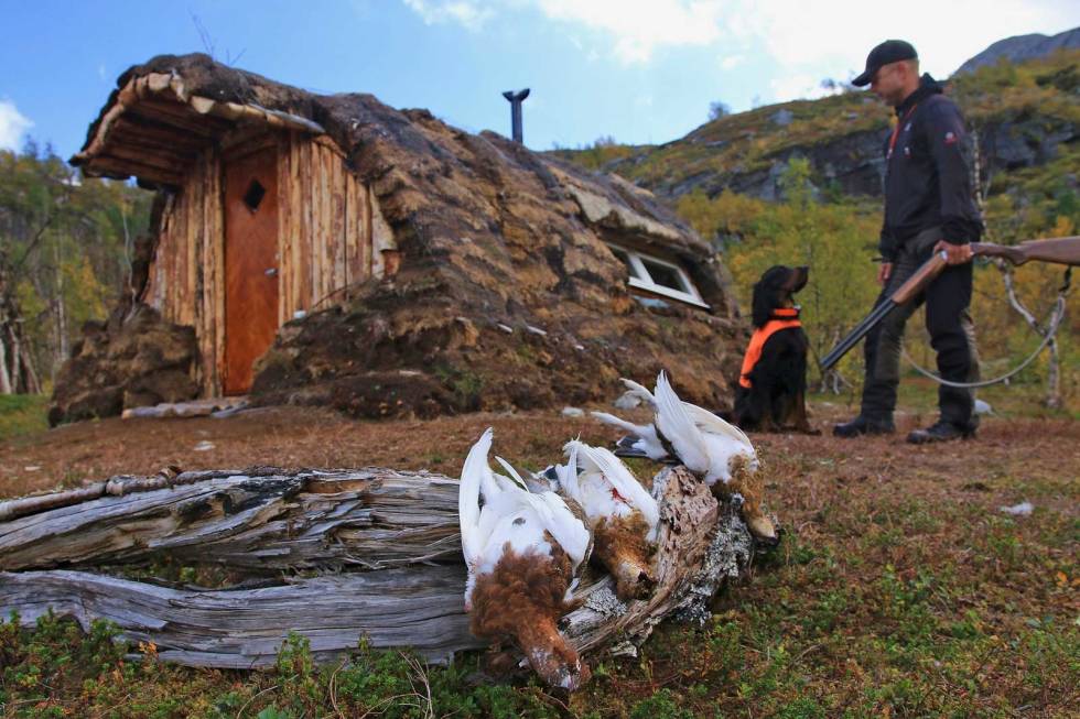 PÅ GAMLE TUFTER: I hjertet av rypeterrenget finner karene denne strøkne gammen. Det frister å overnatte, men det får holde med en bedre rypelunsj. Fjellrypejakt-9