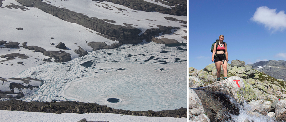 LANGS BREEN: Fortsatt is på vannet i juni. Foto: Sunniva Sørheim fjelltur langs Ålfotbreen