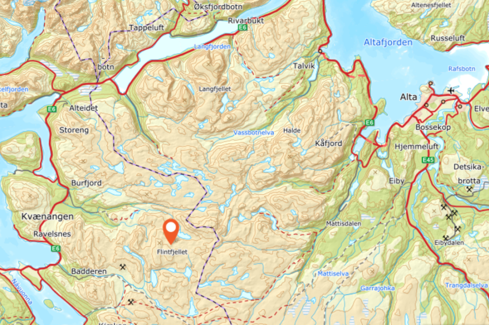 Flintfjellet i Kvænangen. Skjermdump fra Norgeskart.no Kart kvænangen utemagasinet fjelltur