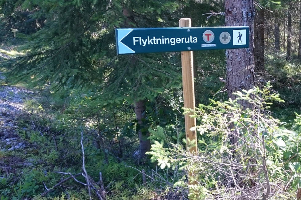 Ruta er merket slik eller bare "F-ruta" på veien. Flyktningeruta skilt