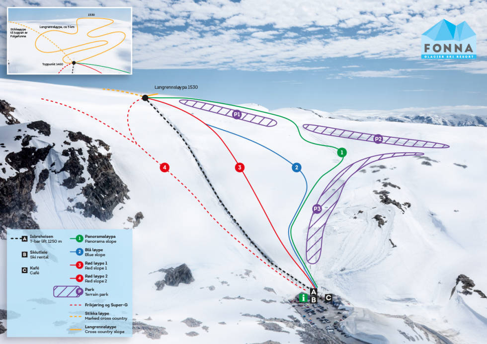 Løypekartet får det til å se stort ut, og parkshaperne gjør Fonna til noe virkelig stort. folgefonna fonna glacier ski snowboard ski resort park anlegg heis