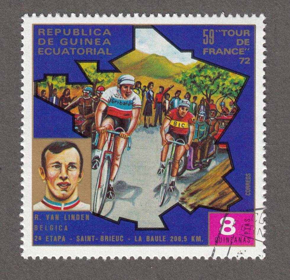 2. etappe fra Saint-Brieuc til La Baule – 206,5 km fellesstart. Etappevinner Rik Van Linden. frimerker-tour-de-france-5