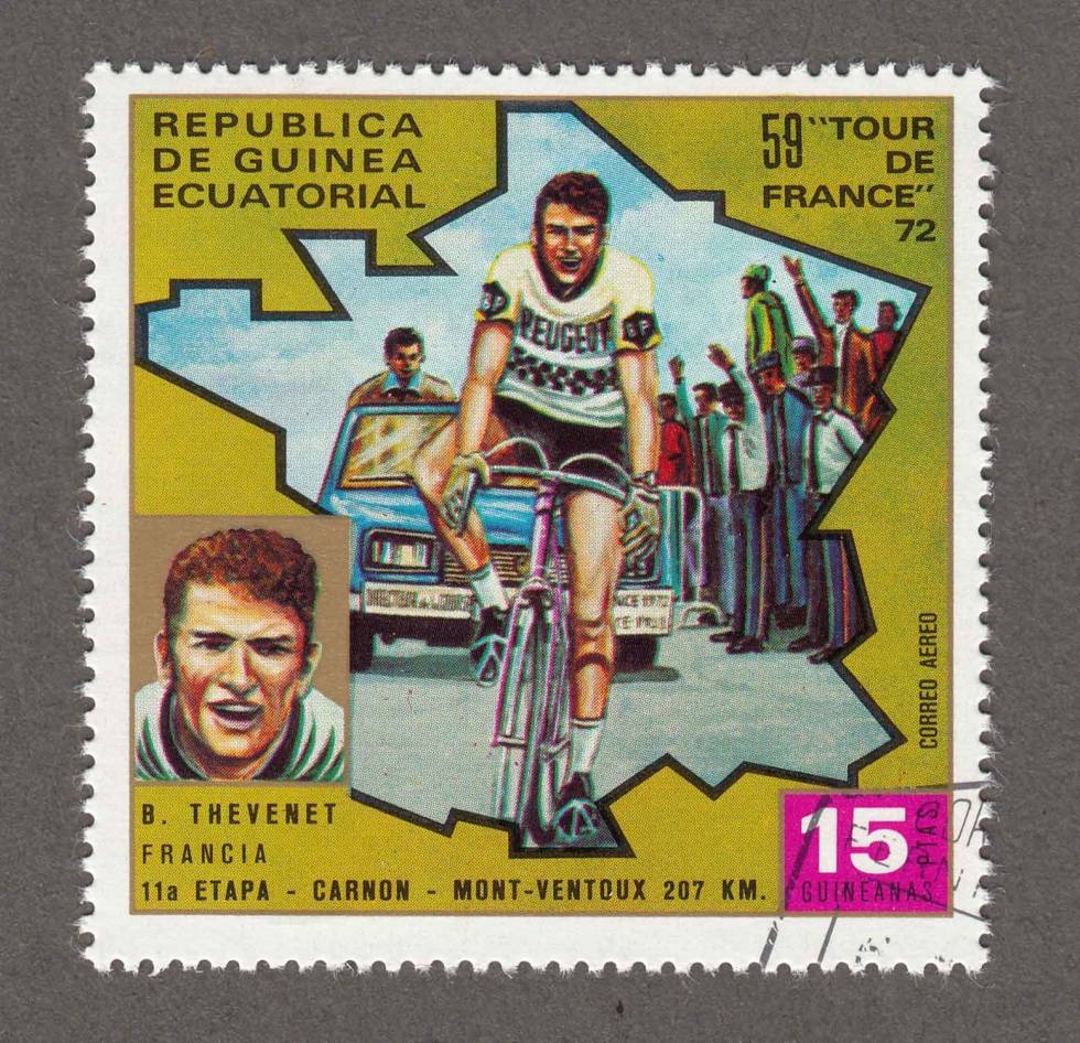 11. etappe fra Carnon-Plage til Mont Ventoux – 207 km fellesstart. Etappevinner Bernard Thévenet. frimerker-tour-de-france-6