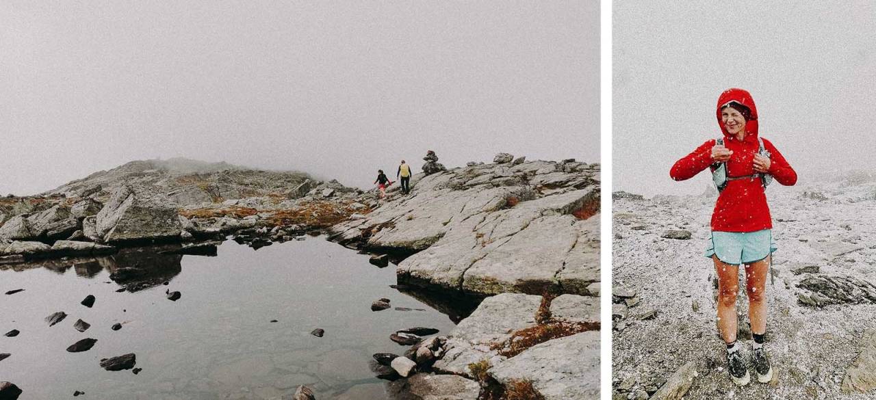1. GEITHETTA: Toppunktet på etappen mellom Jøldalshytta og Trollheimeshytta. Foto: Gunhild Aaslie Soldal. 2. FORFRISKNINGER: Artikkelforfatteren koser seg med digre snøfiller innunder Blåhøa. Foto: Anette Wilhelmsen trollheimen