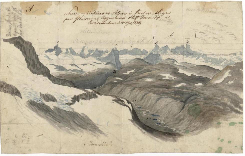 Utsikten fra Snøggekknosi. Baltazar Mathias Keilhau: "Erindring af Fjeldreisen i 1820. Tilegnet min Ven Boeck. Keilhau. Christiania 1821." Utsikten fra Snøggekknosi. Baltazar Mathias Keilhau: "Erindring af Fjeldreisen i 1820. Tilegnet min Ven Boeck. Keilhau. Christiania 1821."