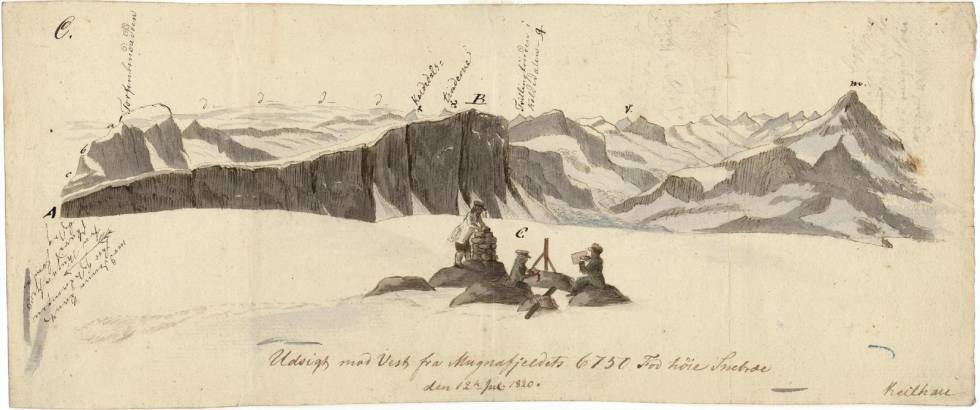 Utsikte vestover fra Kalvehøgdi. Baltazar Mathias Keilhau: "Erindring af Fjeldreisen i 1820. Tilegnet min Ven Boeck. Keilhau. Christiania 1821." Utsikte vestover fra Kalvehøgdi. Baltazar Mathias Keilhau: "Erindring af Fjeldreisen i 1820. Tilegnet min Ven Boeck. Keilhau. Christiania 1821."