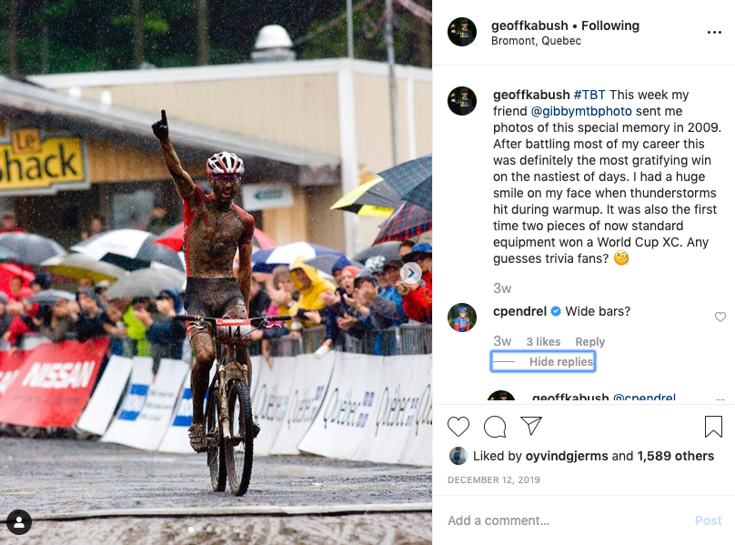 PIONER: Geoff Kabush var den første til å vinne et ritt i rundbaneverdenscupen med bredt oppsvingt styre og 1x-drivverk. Foto: John Gibson/Faksimile Instagram Geoff Kabush 1x og bredt styre
