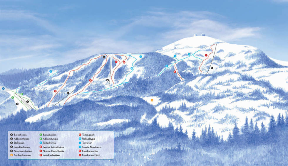 Slik skulle Gråkallen vinterpark egentlig bli - men det er ikke sånn, altså - vi bare har ikke noe løypekart for Gråkallen. Gråkallen gråkallparken gråkallen vinterpark alpint snowboard fri flyt guide snowboard ski freeride