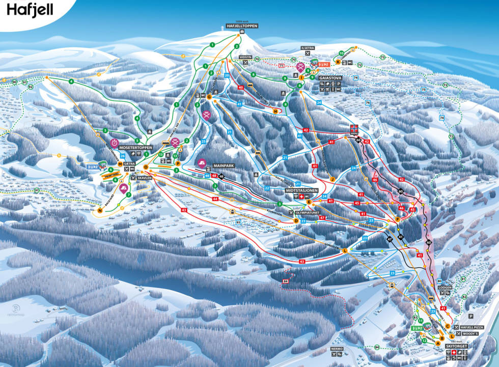 Heisene og gondolene på Hafjell går innimellom en stor skog av hytter. løypekart guide alpint ski hafjell alpinsenter hafjell bike park