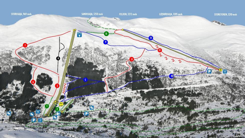 Smilefjeset markerer parken på løypekartet til Harpefossen skisenter. Harpefossen skisenter freeride offpiste alpint ski snowboard anlegg