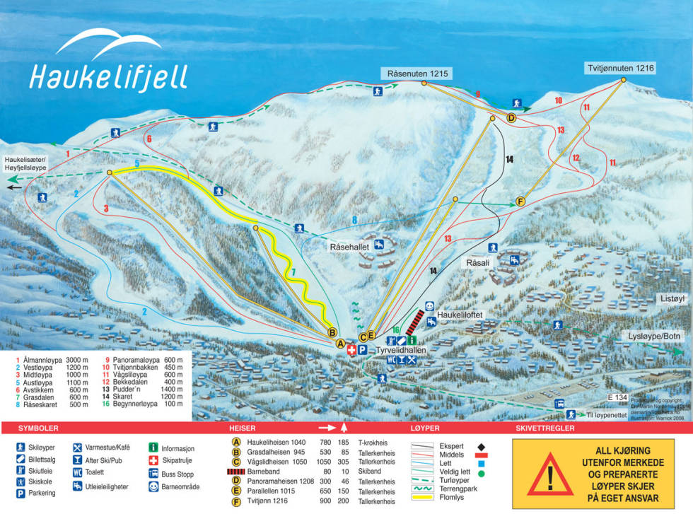 Det store, åpne hølet i løypekartet er et hint til hvor det kan være lurt å jakte på løssnø. løypekart haukelifjell skisenter guide alpint ski twintip fri flyt