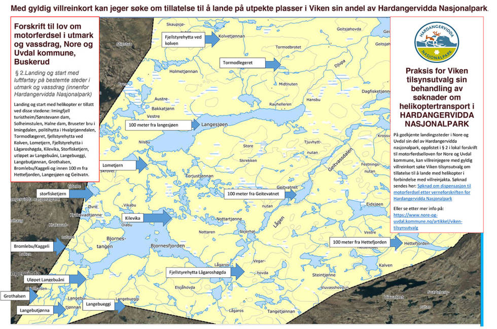 Dette er tillatte landingsplasser for helikopter som skal hente ut slakt etter villreinjakt i Hardangervidda nasjonalpark. Landingsplasser helikopter sjøfly reinjakt villreinjakt reinsjakt hardangervidda nasjonalpark