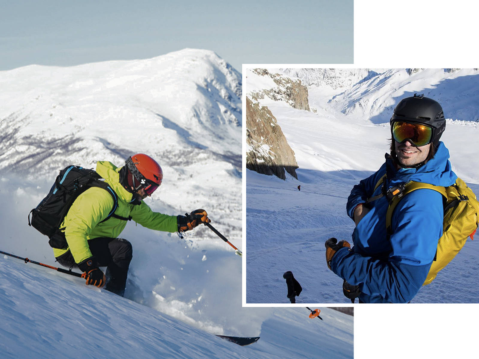 CAND. HJELM: Jørgen Aamot og Trygve Sande er blant landets desidert mest rutinerte skikjørere og har ett og annet å si om hjelm og hjelmbruk. Foto t.v: Erlend Sande T.h. Tore Meirik Jørgen Aamot og Trygve Sande