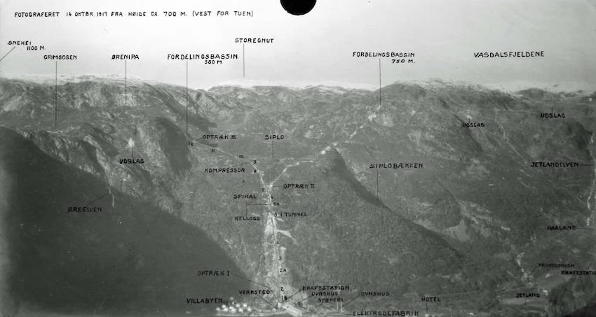 KRAFTANLEGGET: Status for utbygginga av kraftanlegg 1 14. oktober 1917. Foto: Industrimuseet i Høyanger høyanger kraftanlegg
