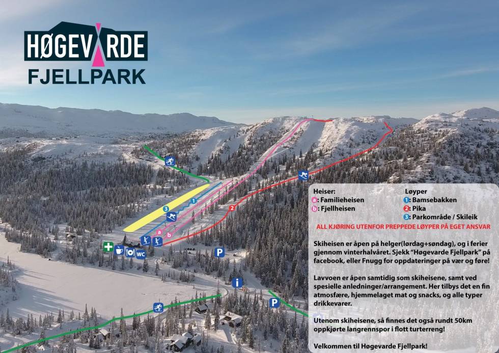 Et beskjedent tilbud som gir mye verdi - nye heiser er også på vei. Høgevarde løypekart ski alpin snowboard fri frlyt freeride