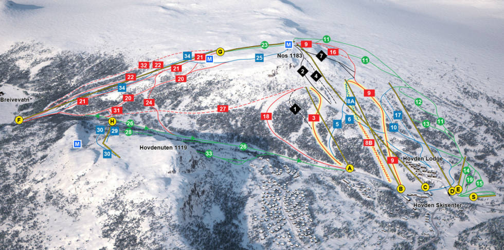 Begrenset høydeforskjell, men snø og bakker i alle retninger på Hovden. Løypekart hovden alpinsenter