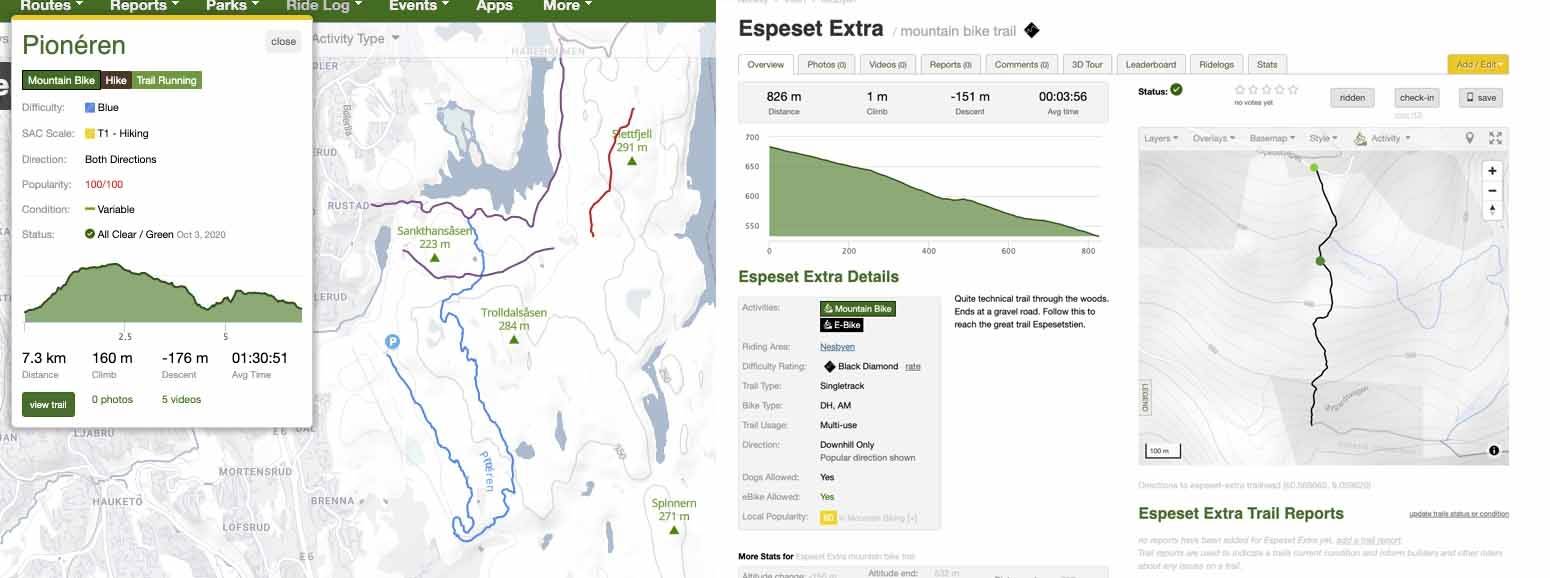 BÅDE OG: Trailforks kan brukes til å få informasjon om både enkeltstier og komplette sykkelturer. Foto: Skjermdump hva er trailforks