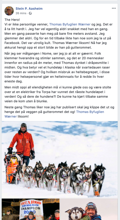 Eventyrer Stein P. Aasheim er full av lovord for Iditarod-vinneren. Foto: Skjermdump Stein P. Aasheim Facebook Iditarod