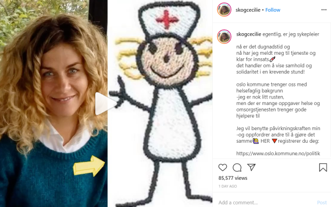 Cecilie Skog sin oppfordring er snart sett av 100,000 på Instagram. Foto: Skjermdump Instragram Cecilie Skog sykepleier