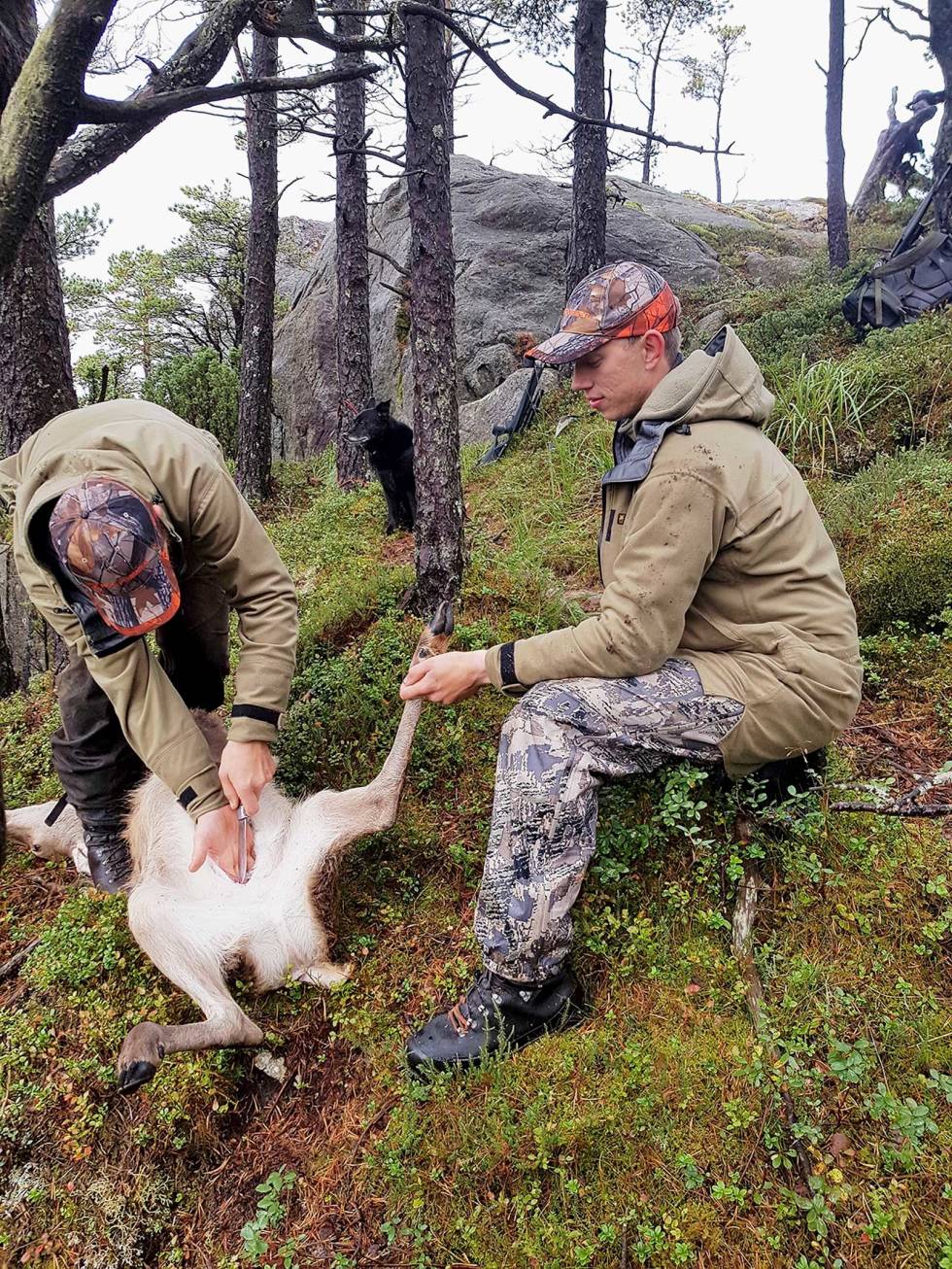 HJELPENDE HÅND: Endre gleder seg like mye som kompisen over at det ble fall i dag. Jakt-med-bandhund-9