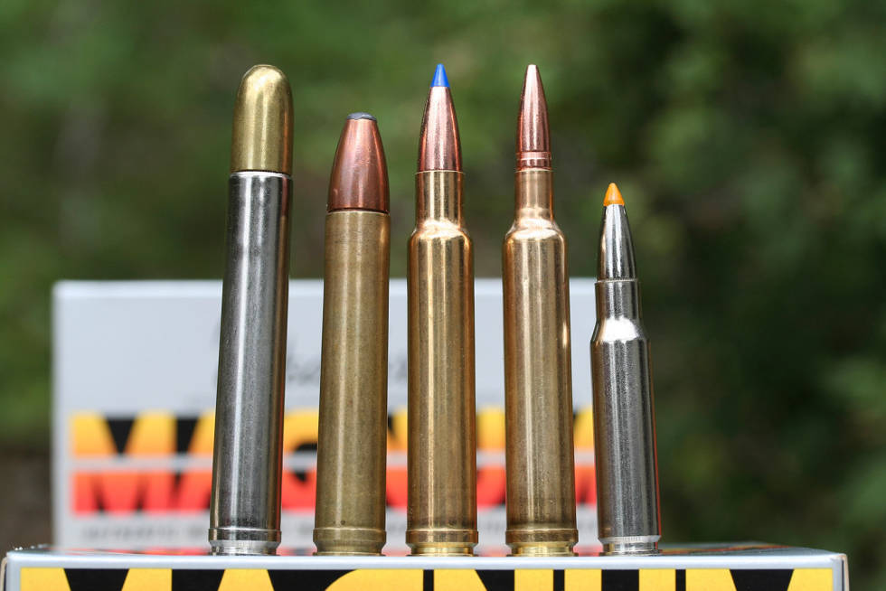 Ulike kalibre: Fra venstre 458 Lott, 458 WM, 340Wby, 6,5x300 WWH og 308W. Jaktammunisjon-Riflepatroner-Test-5