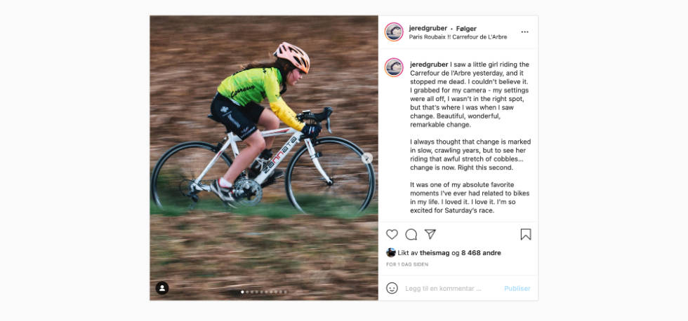BILDET: Det var den eminente fotografen Jered Gruber som tok bildet Andersen referer til. Foto: Skjermdump Instagram @jeredgruber jered gruber, paris-roubaix, kvinner