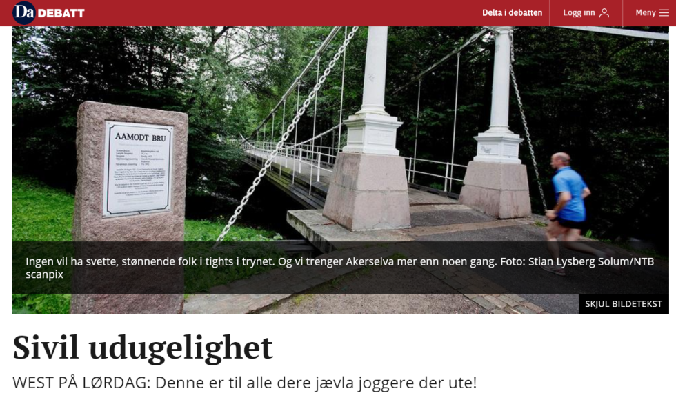 Ampert når politisk redaktør i Dagsavisen skal omtale joggere. Foto: Skjermdump Kronikk joggere Dagsavisen Lars West