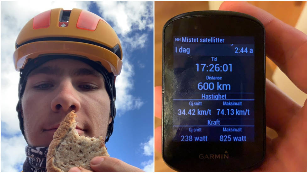 MAT FOR MONS: Jonas spiste det meste av de 14000 kaloriene som gikk med på sykkelen. Foto: Jonas Iversby Hvideberg. Jonas iversby hvideberg syklet 600 kilometer