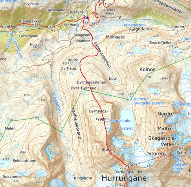 Ruta over Dyrhaugsryggen fra Turtagrø tegnet inn med rødt. Dyrhaugsryggen Hurrungane Jotunheimen