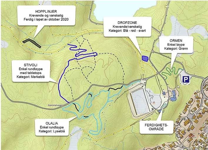 FERDIG NÅ: Nilsbyen Terrengsykkelpark har planer for utvidelse, men dette er stiene som er tilgjengelige i skrivende stund. Foto: Skjermdump, prosjektside. kart nilsbyen terrengsykkelpark